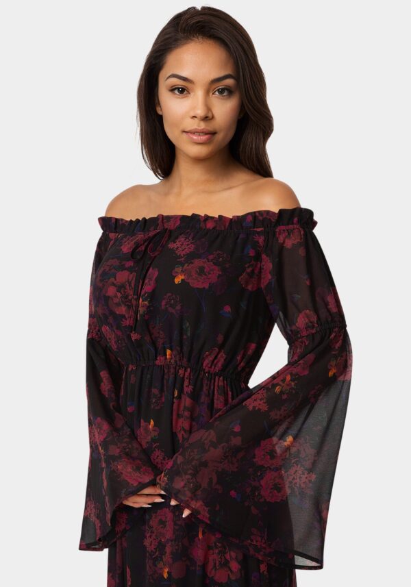 bebe2151_dark-red_4_c159070c-a7c0-4584-b3c6-3df7db5fc9bb Off the Shoulder Bell Sleeve Maxi Dress