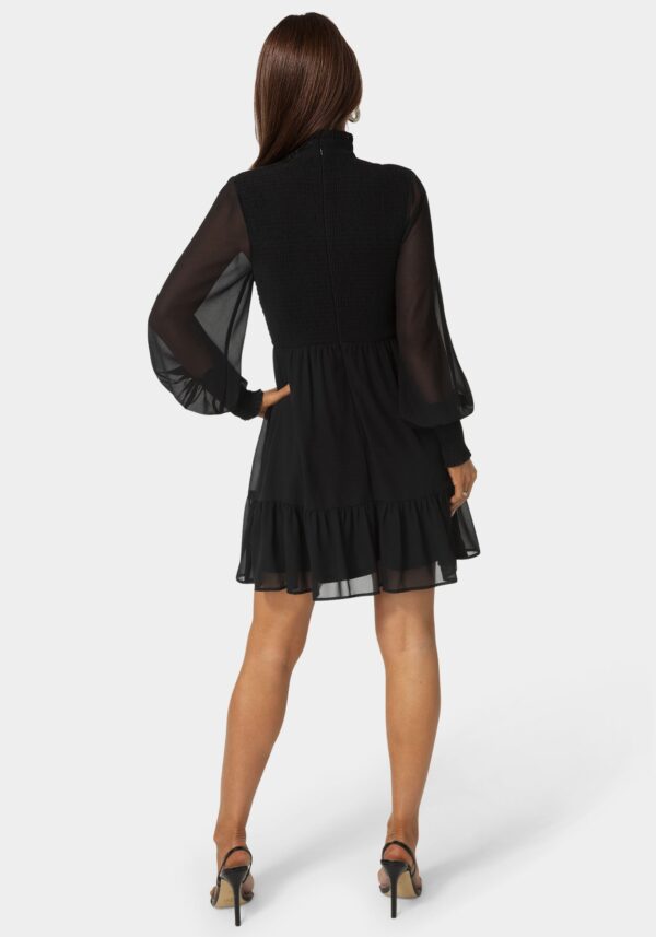 bebe2152_black_3_fb305391-93f4-4114-bdb9-92bed972b9f7 Long Sleeve Mock Neck Chifon Smocked Mini Dress