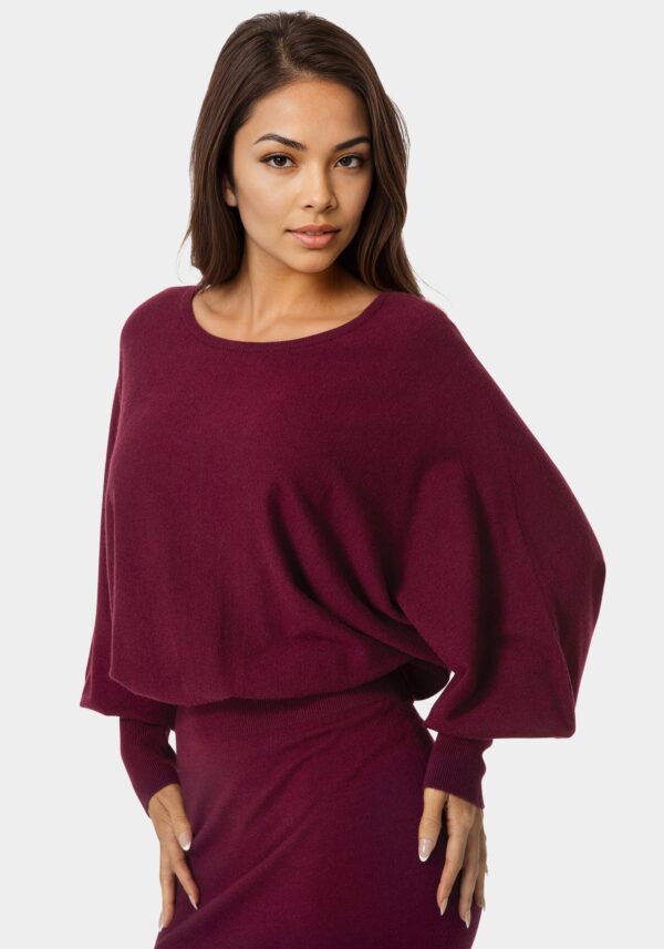 bebe2164_wine_4_44b0abce-76bf-4f23-b3e0-a1ddf0f31f96 Scoop Neck Blouson Sweater Midi Dress